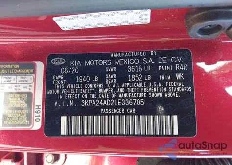 2020 Kia Rio S z USA, uszkodzony, nr VIN 3KPA24AD2LE336705